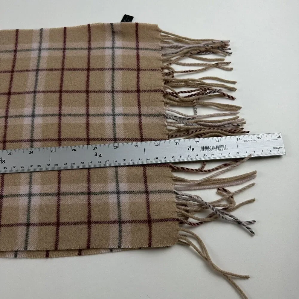 Enzo Montavani Cashmere Scarf Tan Burgundy Plaid Fringe 60
